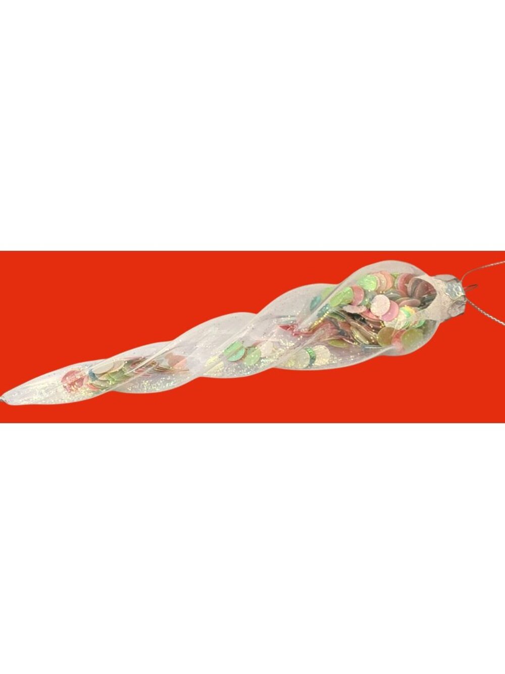 Glass Twisted Icicle Christmas Tree Ornament Clear Iridescent Confetti Inside